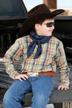 MTW7060296 BOY&#39;S CINCH GREEN LONG SLEEVE PLAID BUTTON UP