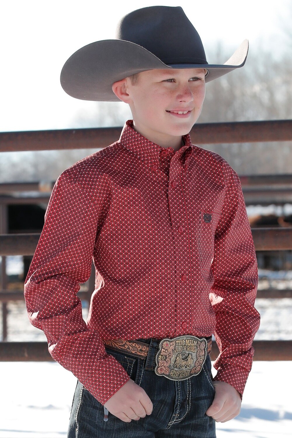 MTW7060327 BOY&#39;S CINCH RED LONG-SLEEVE BUTTON DOWN WESTERN SHIRT