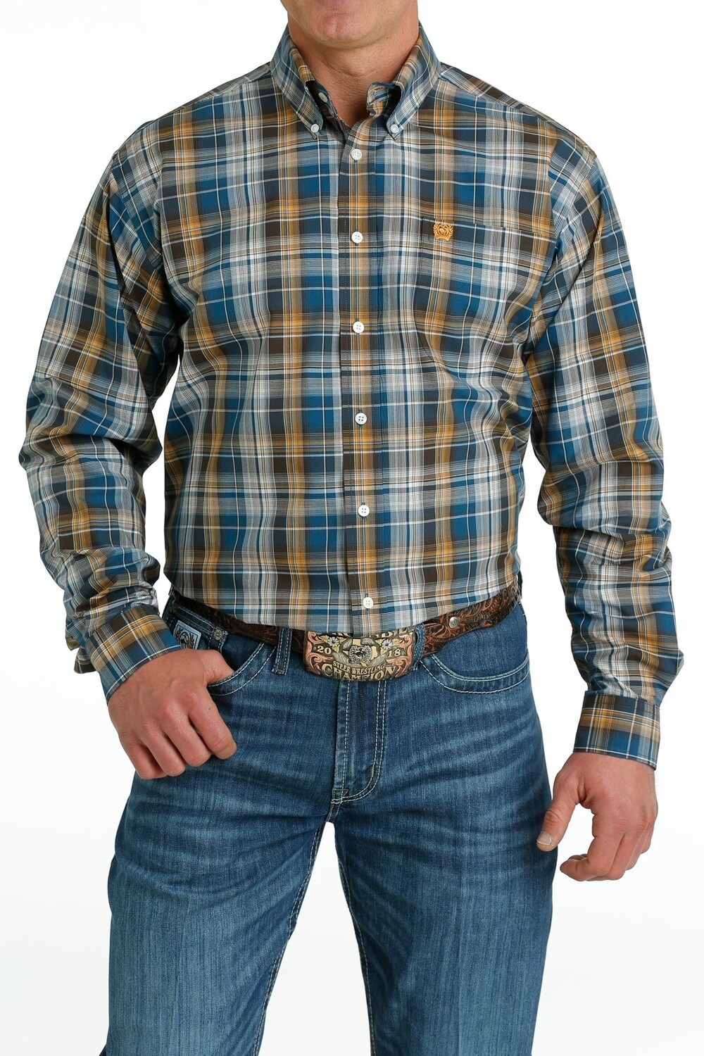 MTW1105657 MEN&#39;S CINCH BLUE PLAID LONG-SLEEVE BUTTON DOWN WESTERN SHIRT