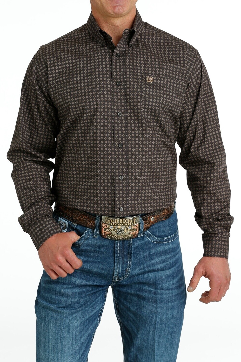 MTW1105655 MEN&#39;S CINCH BROWN PRINT LONG-SLEEVE BUTTON DOWN WESTERN SHIRT