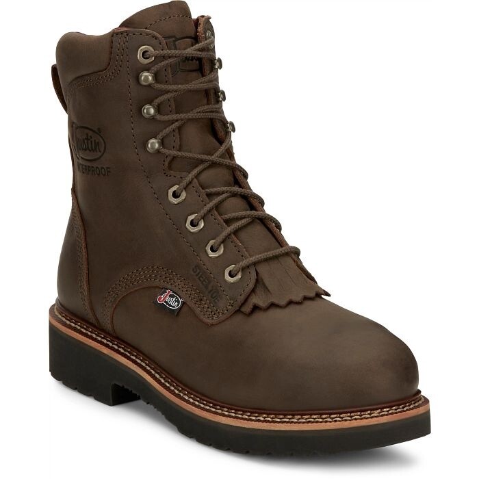 OW458 MEN'S JUSTIN 8" WATERPROOF ROUND STEEL TOE RIVOT HICKORY BROWN COWHIDE WESTERN LACER WORK BOOT