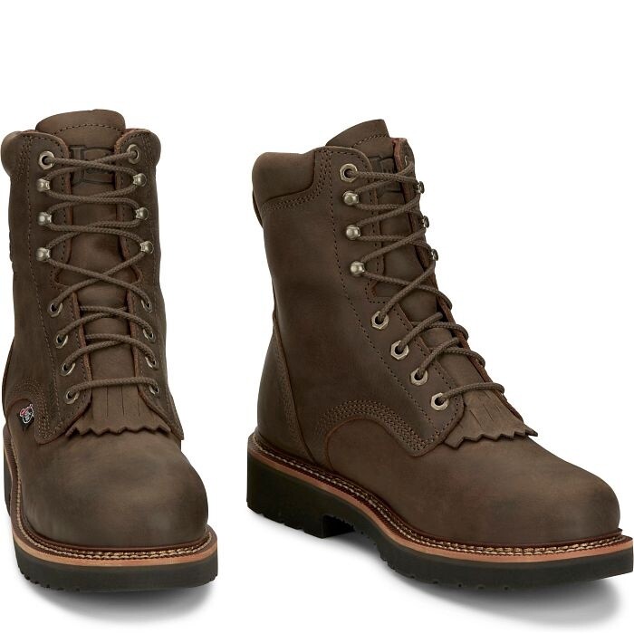 OW458 MEN&#39;S JUSTIN 8&quot; WATERPROOF ROUND STEEL TOE RIVOT HICKORY BROWN COWHIDE WESTERN LACER WORK BOOT