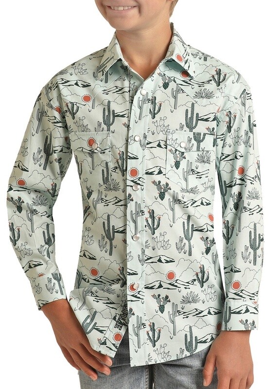 RRBSOSR0Q7 BOY'S ROCK &amp; ROLL LONG SLEEVE DALE BRISBY CACTUS PRINT SNAP SHIRT