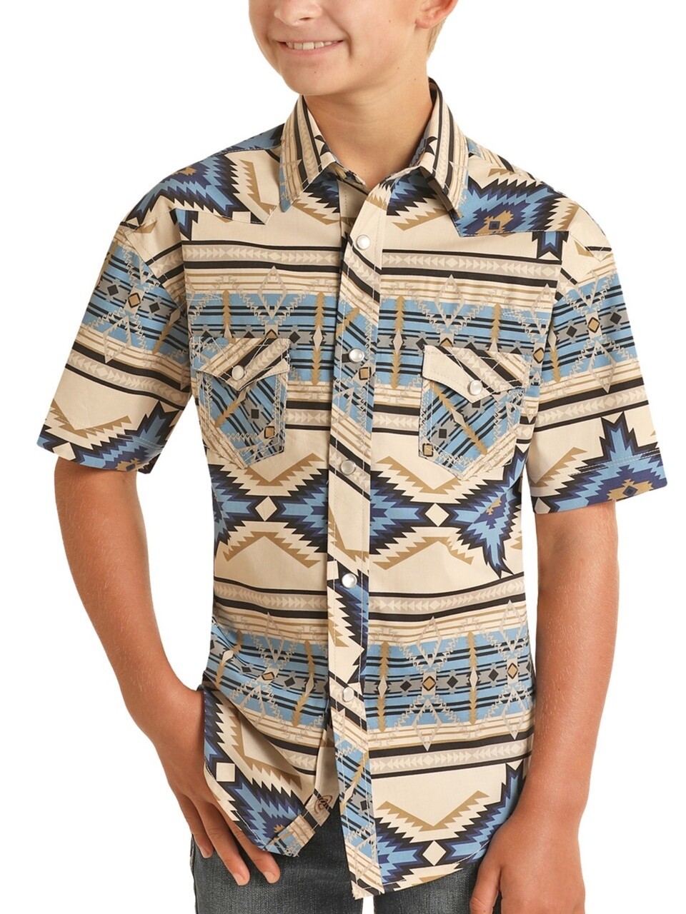 RRBS1SR0QZ BOY&#39;S ROCK &amp; ROLL SHORT SLEEVE AZTEC PRINT SNAP SHIRT