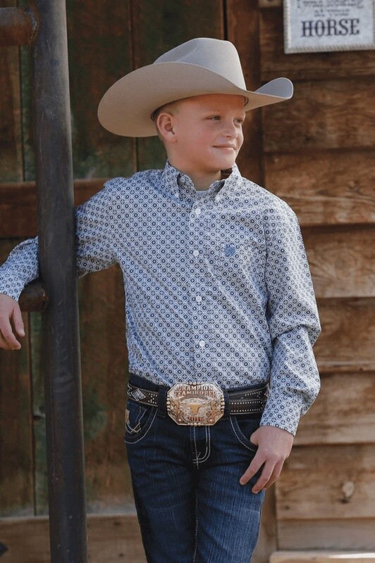 MTW7060272 BOY&#39;S CINCH LONG SLEEVE GEO PRINT BUTTON UP