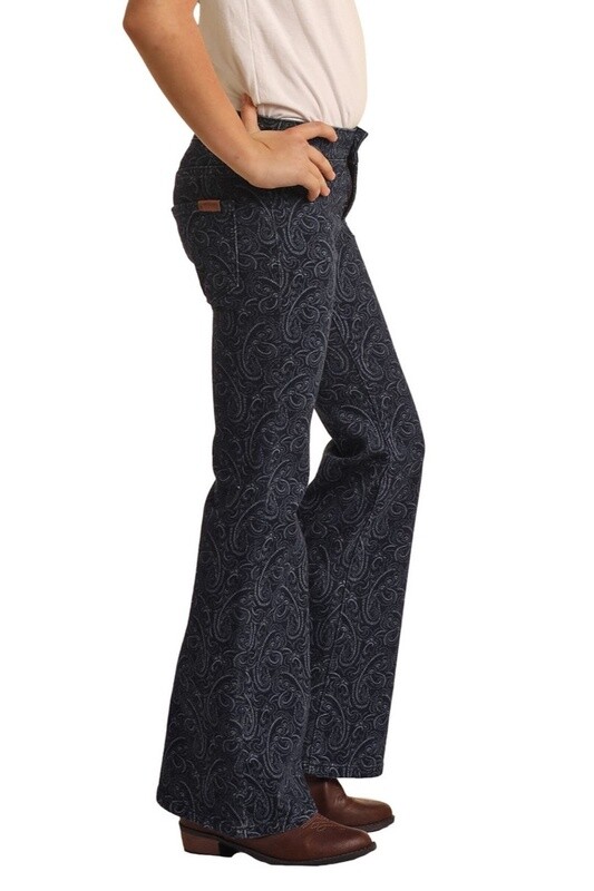 BG6PD02926 GIRL'S ROCK &amp; ROLL PAISLEY PRINT BUTTON FLARE JEAN