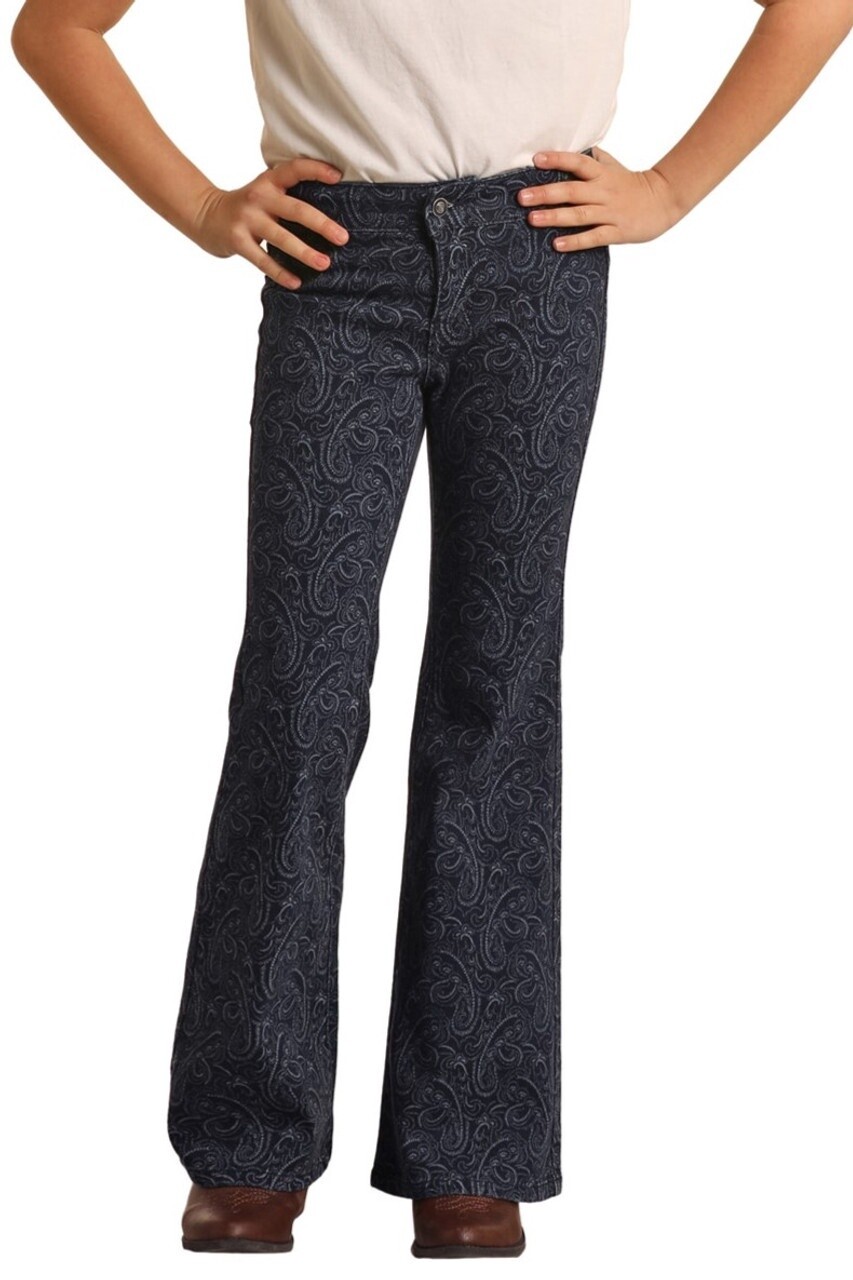 BG6PD02926 GIRL&#39;S ROCK &amp; ROLL PAISLEY PRINT BUTTON FLARE JEAN