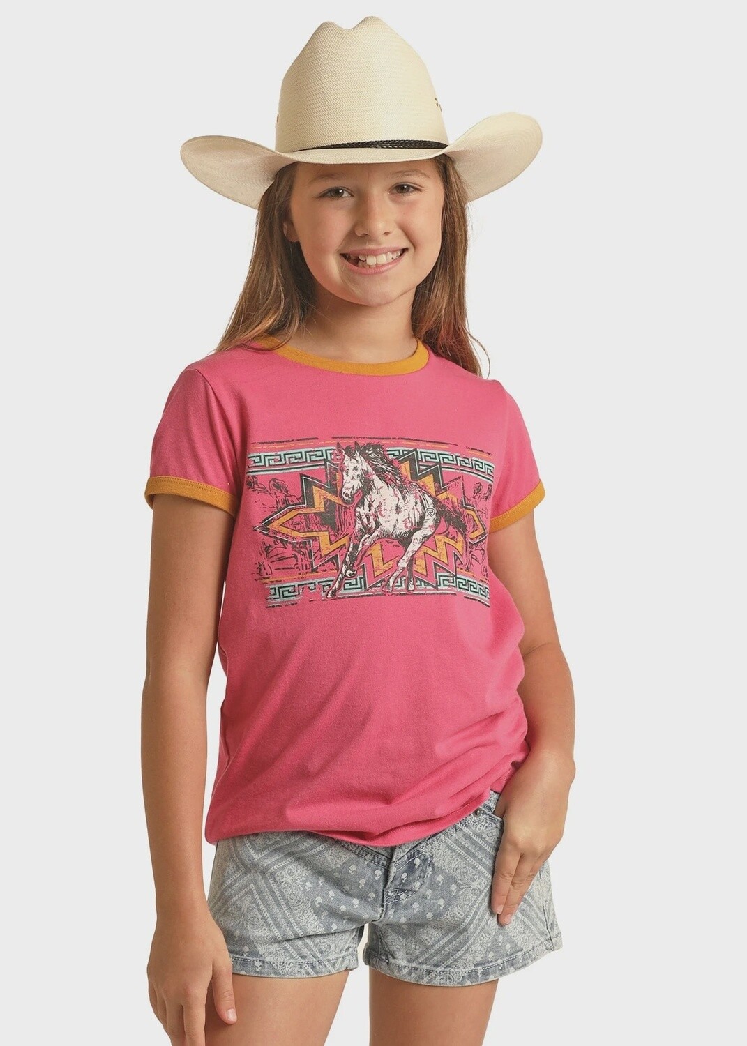 RRGT21R113 GIRL&#39;S ROCK &amp; ROLL SHORT SLEEVE HORSE GRAPHIC TEE