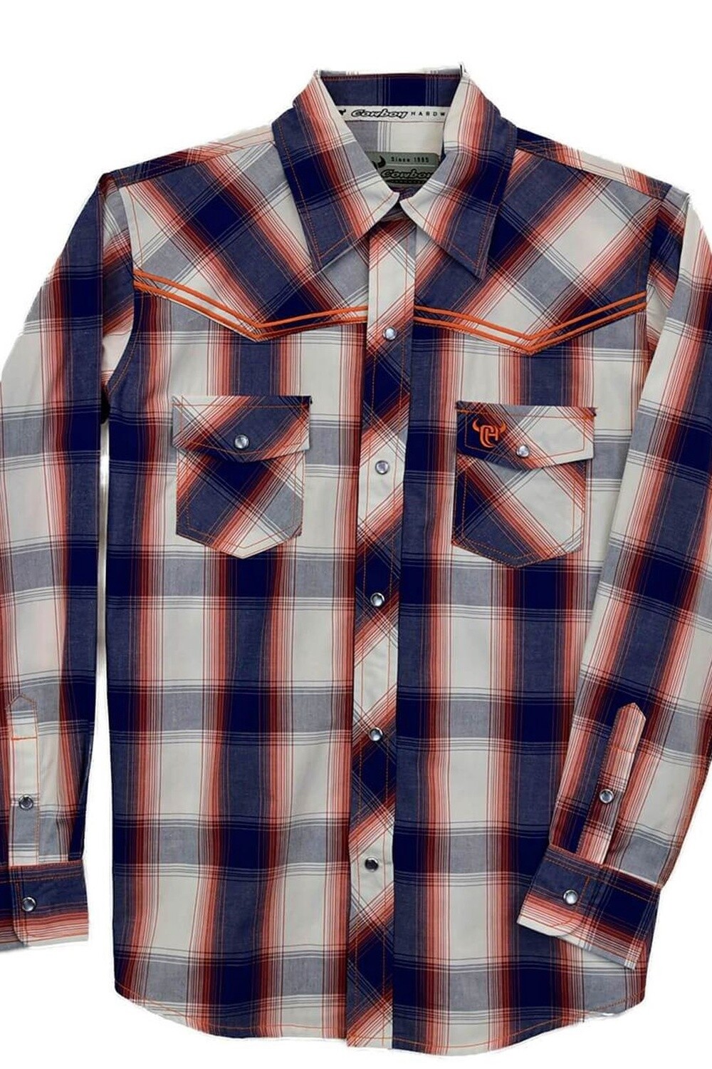 325439-480 BOYS COWBOY HARDWARE LONG SLEEVE PLAID ORANGE SNAP SHIRT