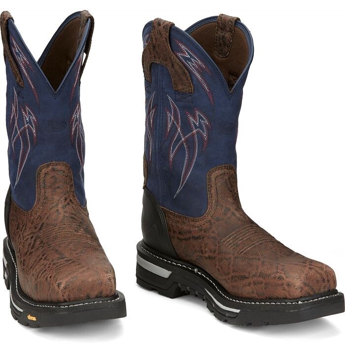 CR2153 MEN&#39;S JUSTIN FRONTLINE HIVIZ 11&quot; IRISH BLUE / MOCHA BROWN COWHIDE WATERPROOF NANO COMPOSITE SQUARE-TOE WORK BOOT W/ VIBRAM OUTSOLE
