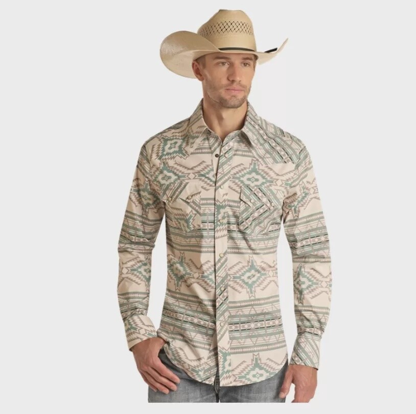 RRMSOSR0R7 MEN&#39;S ROCK &amp; ROLL LONG SLEEVE AZTEC SNAP SHIRT