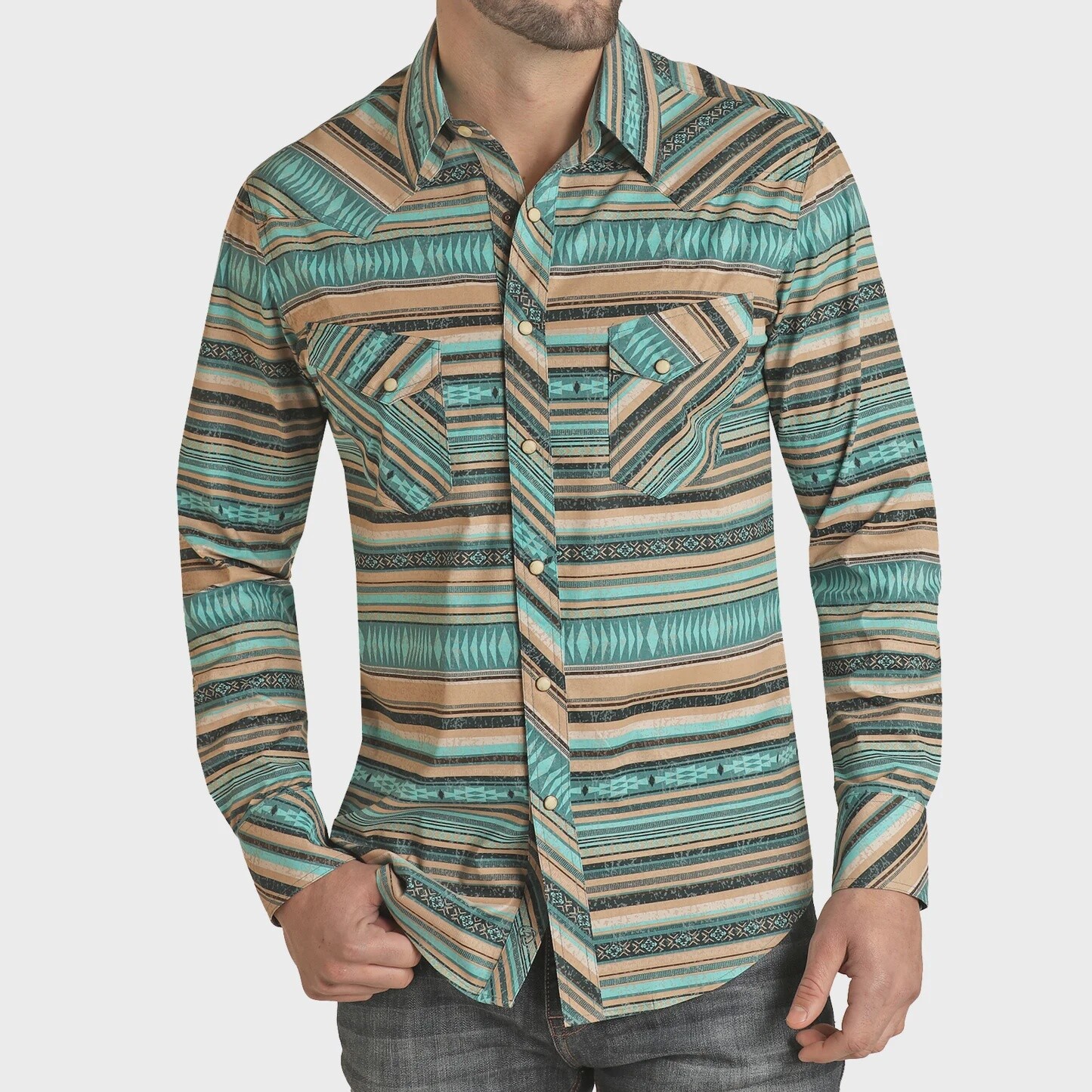 RRMSOSR0PZ MEN&#39;S ROCK &amp; ROLL LONG SLEEVE AZTEC STRIPE SNAP SHIRT