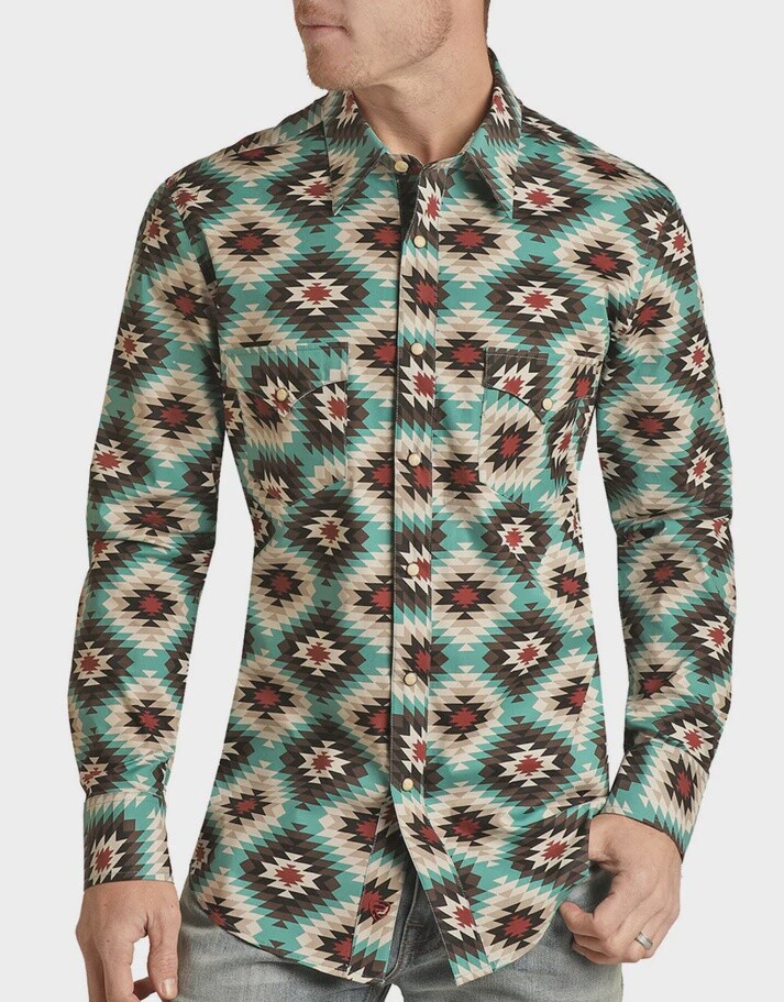RRMSOSR098 MEN&#39;S ROCK &amp; ROLL LONG SLEEVE AZTEC SNAP SHIRT