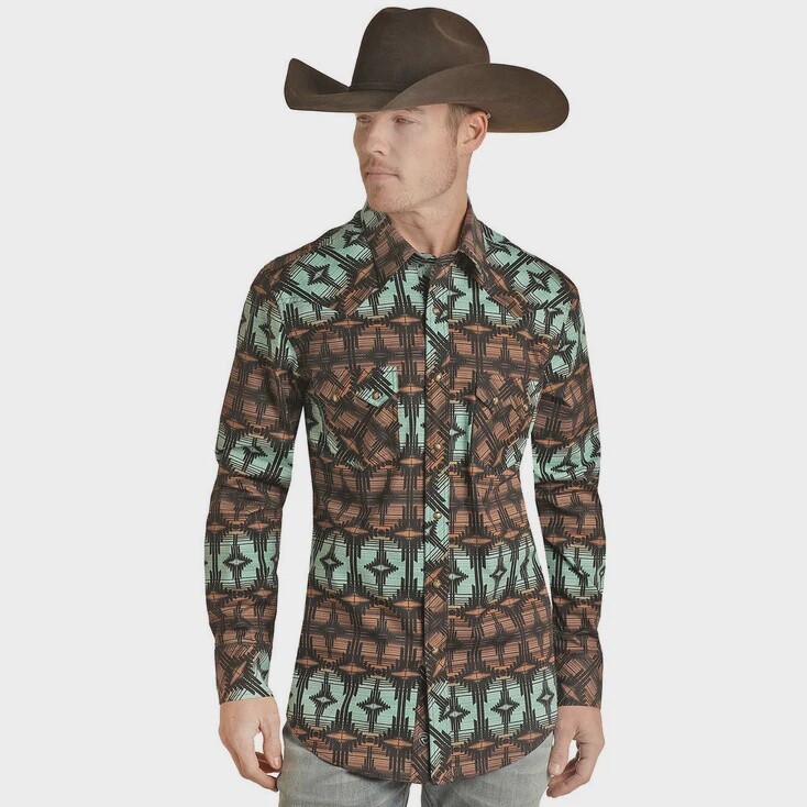 RRMSOSR09C MEN&#39;S ROCK &amp; ROLL LONG SLEEVE AZTEC PRINT SNAP SHIRT