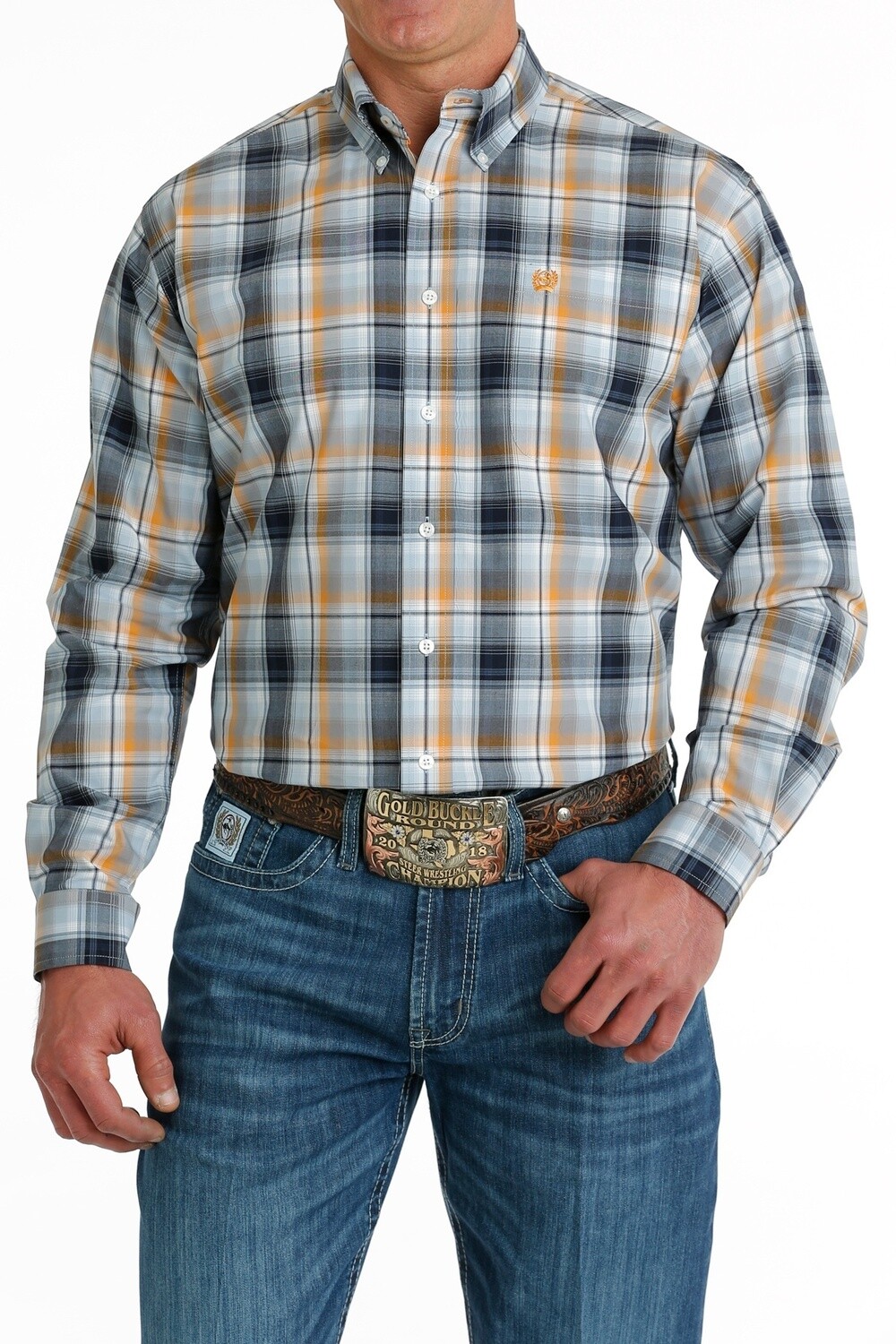 MTW1105689 MEN&#39;S CINCH LIGHT BLUE PLAID LONG -SLEEVE WESTERN BUTTON DOWN SHIRT