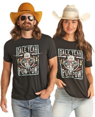 RRUT21R1BX UNISEX ROCK &amp; ROLL DALE BRISBY POW POW SKULL PRINT T-SHIRT