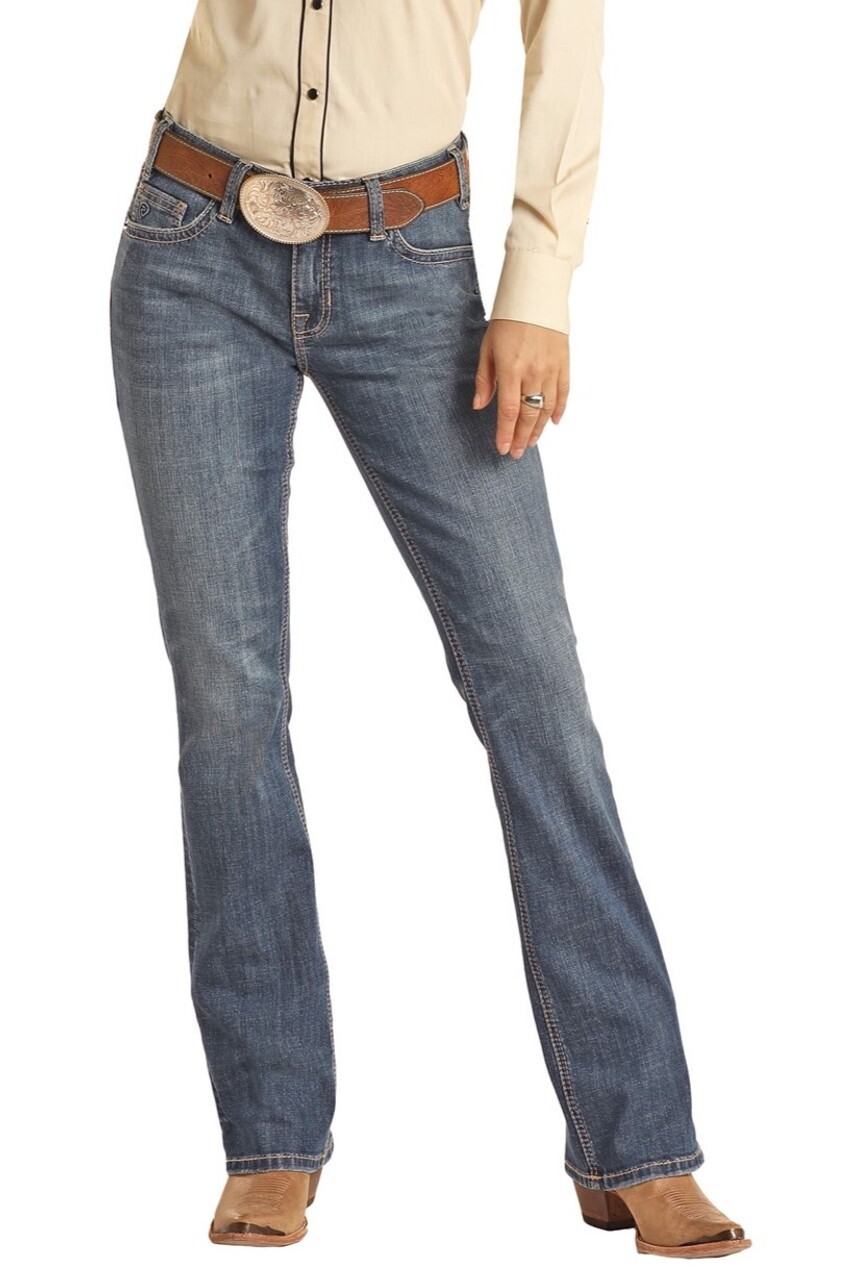 BW4RD02441 WOMEN&#39;S ROCK &amp; ROLL MID RISE STRETCH BOOTCUT RIDING JEANS