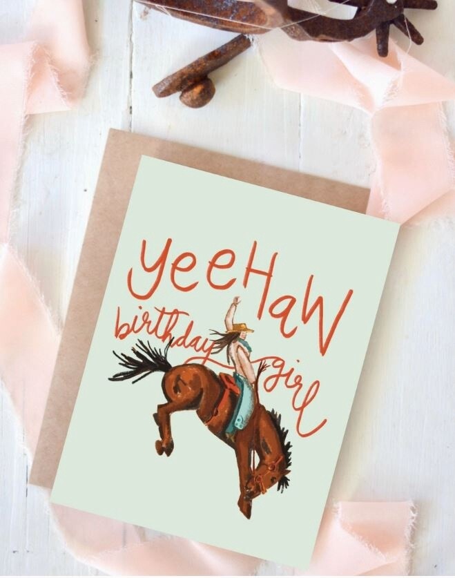 &quot;YEEHAW BIRTHDAY GIRL&quot; BUCKING BRONCO WESTERN GREETING CARD