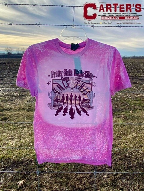 WOMEN&#39;S &quot;PRETTY GIRLS WALK LIKE THIS&quot; S/S ORCHID WESTERN BLEACHED TEE