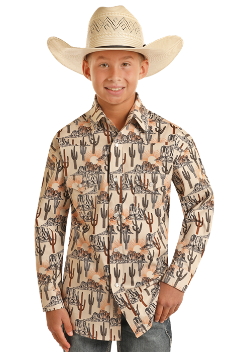 BBN2S03364 BOY&#39;S ROCK &amp; ROLL 2-POCKET SUNBURST SNAP LONG-SLEEVE WESTERN SHIRT