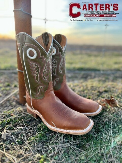 BR307 MEN&#39;S JUSTIN BENT RAIL 11&quot; GREEN COWHIDE / AUSTIN COGNAC SQUARE-TOE WESTERN BOOT