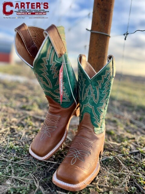 BRL317 WOMEN'S JUSTIN BENT RAIL 11" JADE GREEN SHAFT / KENEDY BROWN SQUARE-TOE WESTERN BOOT