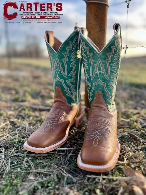 BRL317 WOMEN&#39;S JUSTIN BENT RAIL 11&quot; JADE GREEN SHAFT / KENEDY BROWN SQUARE-TOE WESTERN BOOT