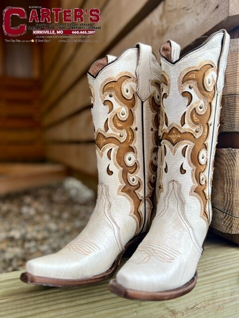L6015 WOMEN&#39;S CIRCLE G BY CORRAL 12&quot; WHITE WITH HONEY INLAY &amp; EMBROIDERY SNIP TOE WESTERN BOOT