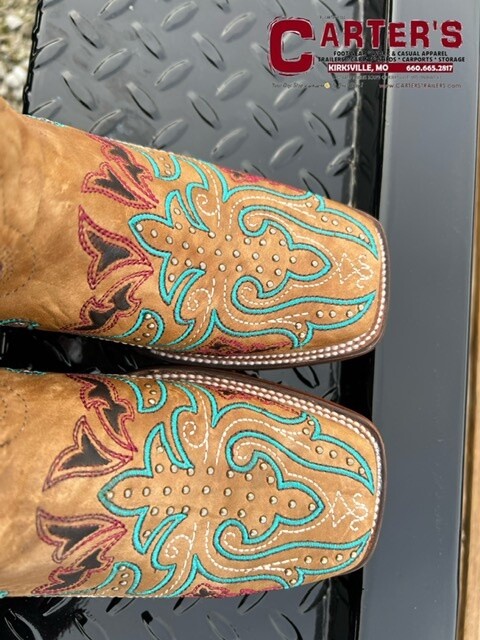 A4483 WOMEN'S CORRAL 12" SAND WITH EMBROIDERY &amp; STUDS SQUARE-TOE WESTERN BOOT