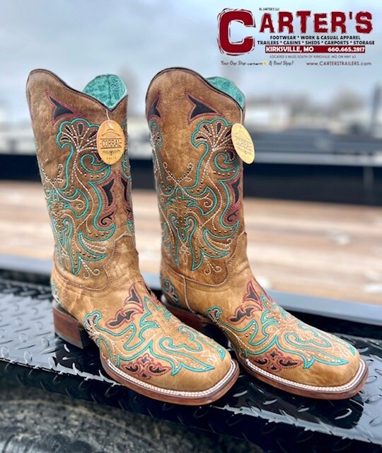 A4483 WOMEN&#39;S CORRAL 12&quot; SAND WITH EMBROIDERY &amp; STUDS SQUARE-TOE WESTERN BOOT