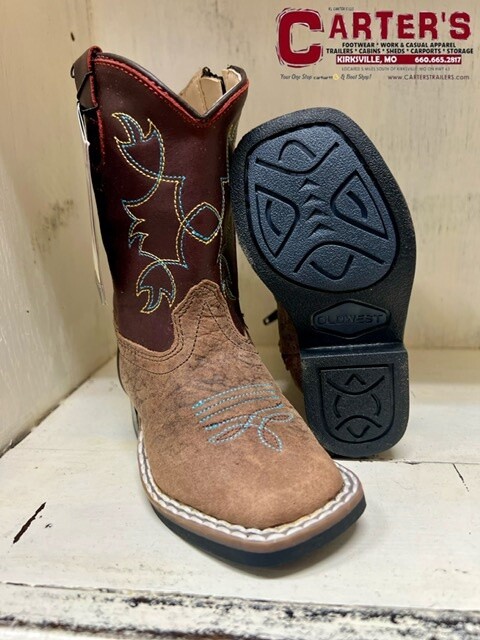BSI1912 INFANT JAMA OLD WEST BROWN BULL HIDE PRINT FOOT / BURNT RED WAXY SHAFT SQUARE-TOE WESTERN BOOT W/ SIDE ZIPPER
