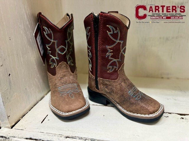 BSI1912 INFANT JAMA OLD WEST BROWN BULL HIDE PRINT FOOT / BURNT RED WAXY SHAFT SQUARE-TOE WESTERN BOOT W/ SIDE ZIPPER