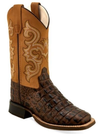 BSC1832 KID&#39;S OLD WEST FAUX BROWN HORN BACK GATOR PRINT SQUARE-TOE FOOT / CANYON TAN SHAFT WESTERN BOOT