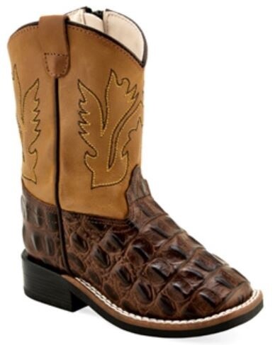 BSI1830 INFANT JAMA OLD WEST BROWN FAUX HORNBACK GATOR PRINT/ TAN CANYON SHAFT COWBOY BOOT W/ SIDE ZIPPER