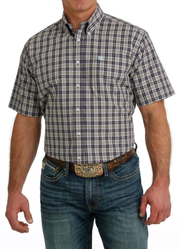 MTW1111453 MEN&#39;S CINCH SHORT-SLEEVE PURPLE PLAID BUTTON-DOWN WESTERN SHIRT