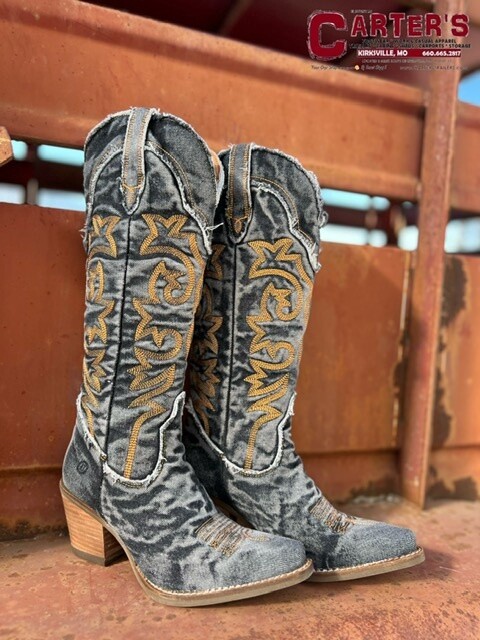 DI943 WOMEN&#39;S DINGO 15&quot; TEXAS TORNADO BLACK DENIM FASHION BOOT