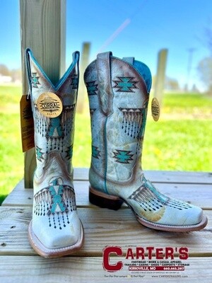 Z5219 WOMEN'S CORRAL 11" WHITE SQUARE-TOE WESTERN BOOT WITH TURQUOISE EMBROIDERY
