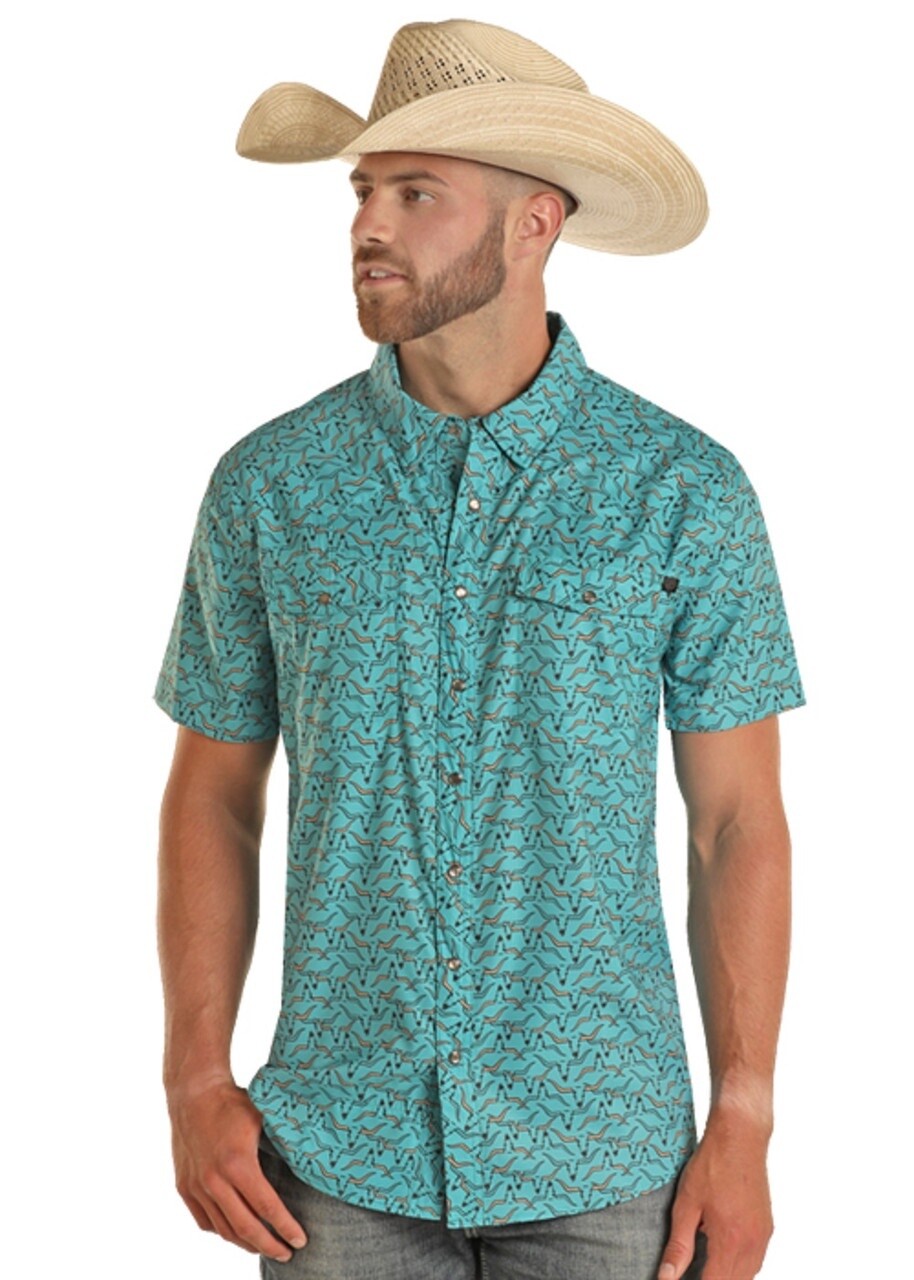 BMN3S03378 MEN&#39;S ROCK &amp; ROLL S/S TEK 2 POCKET LONGHORN PRINT SNAP WESTERN SHIRT