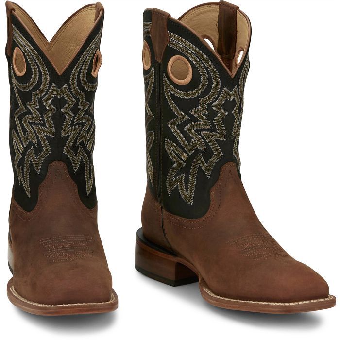 FN7021 MEN&#39;S JUSTIN &quot;BIG NEWS&quot; 11&quot; BLACK COWHIDE SHAFT / BROWN COWHIDE SQUARE-TOE FRONTIER WESTERN BOOT