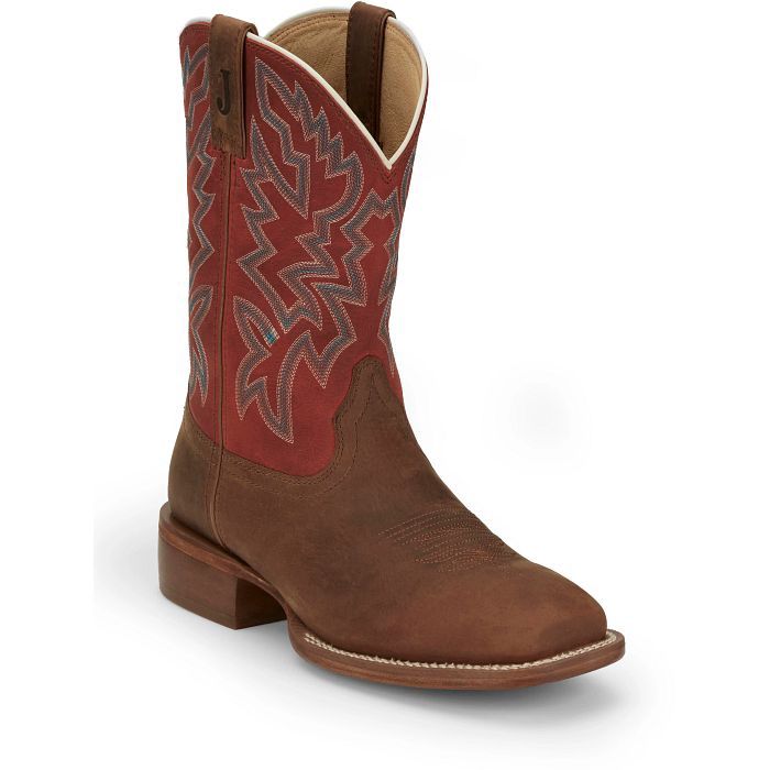 FN7011 MEN'S JUSTIN "JACKPOT" 11" ORANGE COWHIDE SHAFT / BROWN COWHIDE SQUARE-TOE FRONTIER WESTERN BOOT
