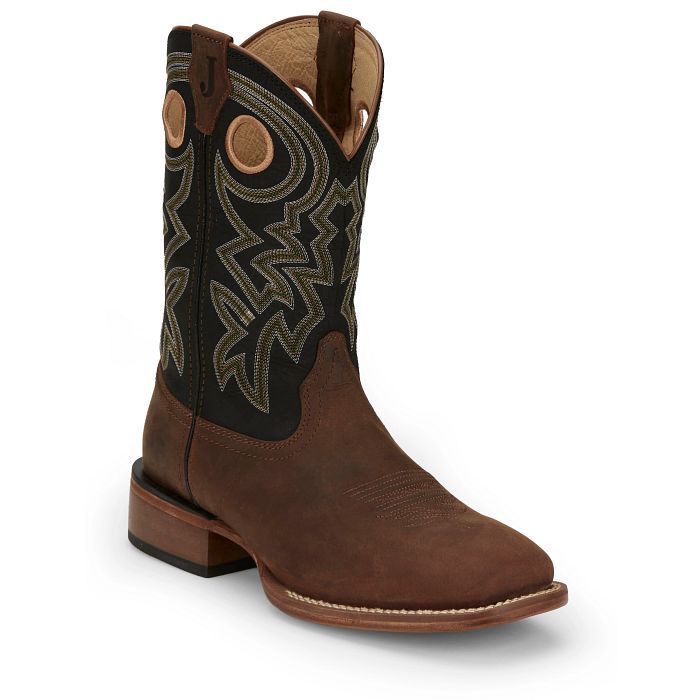 FN7021 MEN'S JUSTIN "BIG NEWS" 11" BLACK COWHIDE SHAFT / BROWN COWHIDE SQUARE-TOE FRONTIER WESTERN BOOT