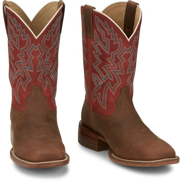 FN7011 MEN&#39;S JUSTIN &quot;JACKPOT&quot; 11&quot; ORANGE COWHIDE SHAFT / BROWN COWHIDE SQUARE-TOE FRONTIER WESTERN BOOT