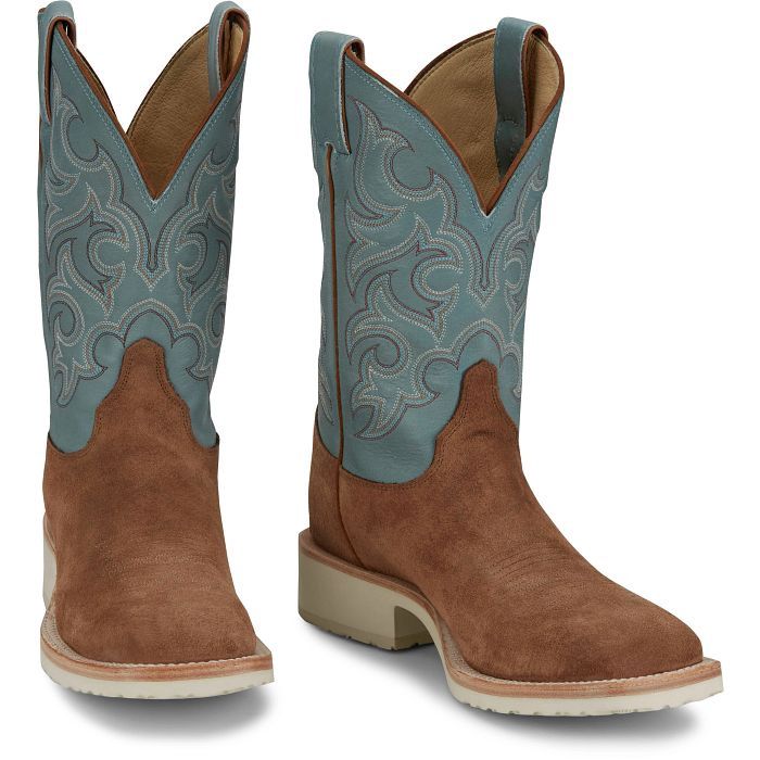 BR390 MEN&#39;S JUSTIN BENT RAIL COLLECTION 11&quot; SKY BLUE COWHIDE SHAFT &amp; HONEY TAN ROUGHOUT SQUARE-TOE WESTERN BOOT WITH CREPE OUTSOLE