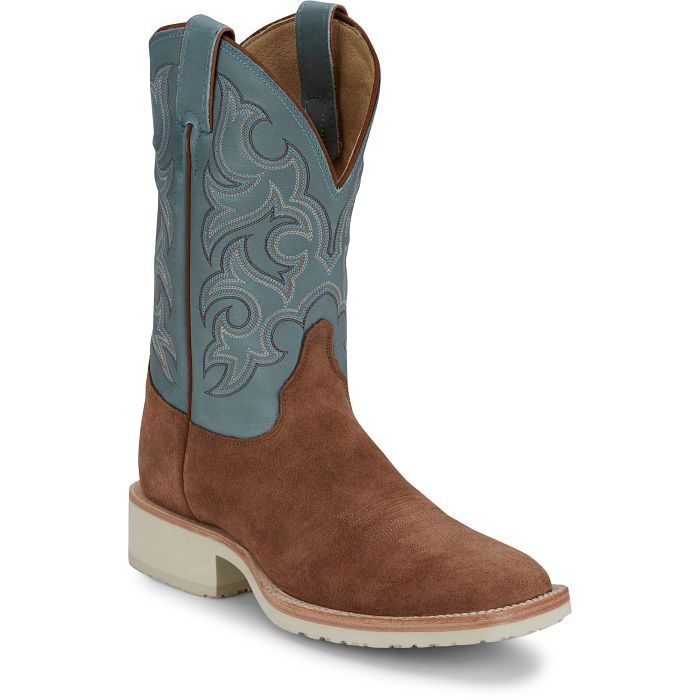BR390 MEN'S JUSTIN BENT RAIL COLLECTION 11" SKY BLUE COWHIDE SHAFT &amp; HONEY TAN ROUGHOUT SQUARE-TOE WESTERN BOOT WITH CREPE OUTSOLE
