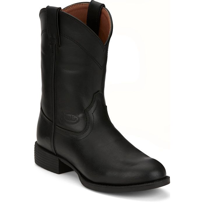 SE7500 MEN'S JUSTIN 10" JET BLACK WATER BUFFALO ROPER ROUND TOE STAMPEDE WESTERN BOOT