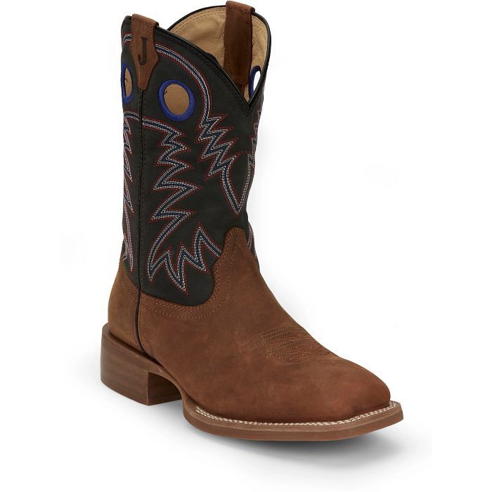 FN7121 MEN'S JUSTIN "SHOW STOPPER" 11" BLACK COWHIDE SHAFT / BROWN SQUARE-TOE FRONTIER WORK BOOT W/ VIBRAM OUTSOLE