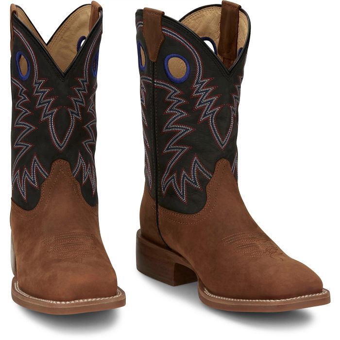 FN7121 MEN&#39;S JUSTIN &quot;SHOW STOPPER&quot; 11&quot; BLACK COWHIDE SHAFT / BROWN SQUARE-TOE FRONTIER WORK BOOT W/ VIBRAM OUTSOLE