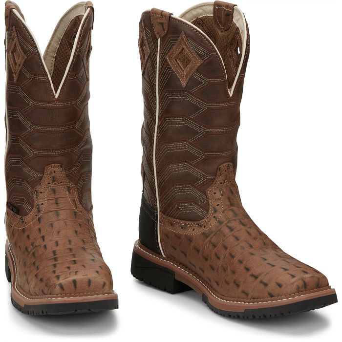 SE4839 MEN&#39;S JUSTIN 12&quot; WATERPROOF CARAMEL CROC PRINT COMP TOE BOOT
