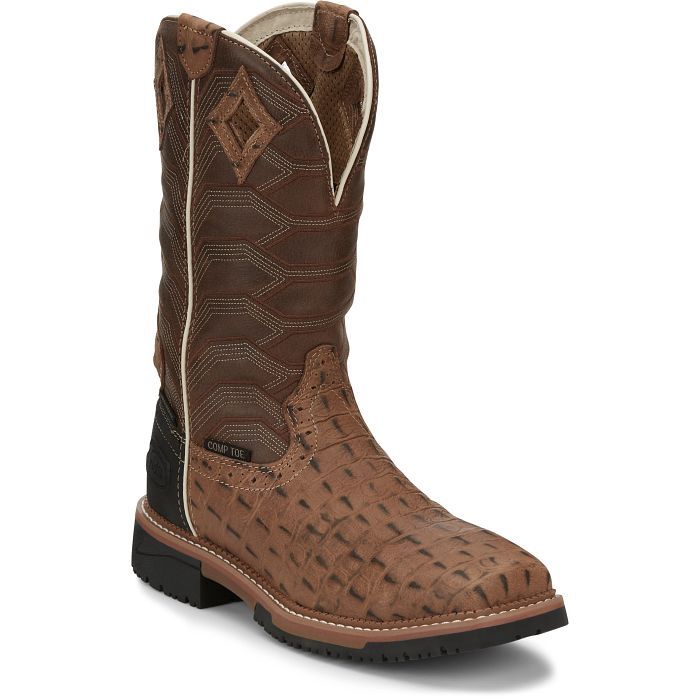 SE4839 MEN'S JUSTIN 12" WATERPROOF CARAMEL CROC PRINT COMP TOE BOOT