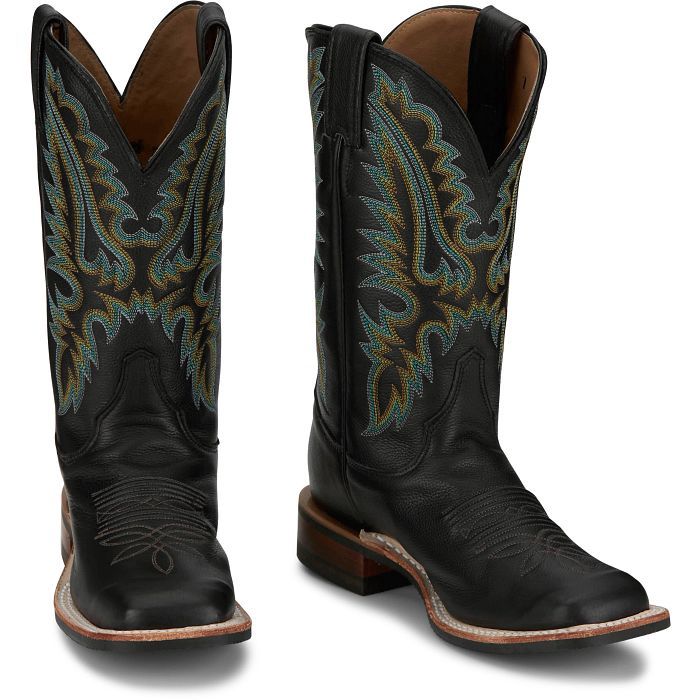 BR541 WOMEN&#39;S JUSTIN BENT RAIL COLLECTION 11&quot; JET BLACK COWHIDE SQUARE-TOE WESTERN BOOT